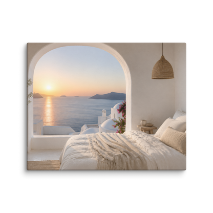 Illustrated Greek-island bedroom scene with whitewashed walls and sea-blue light, 24″×30″ size.