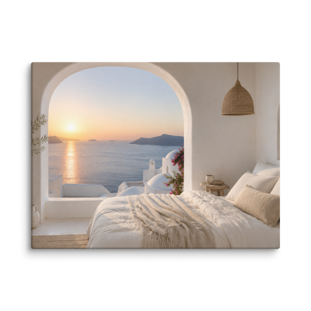 Illustrated Greek-island bedroom scene with whitewashed walls and sea-blue light, 24″×32″ size.