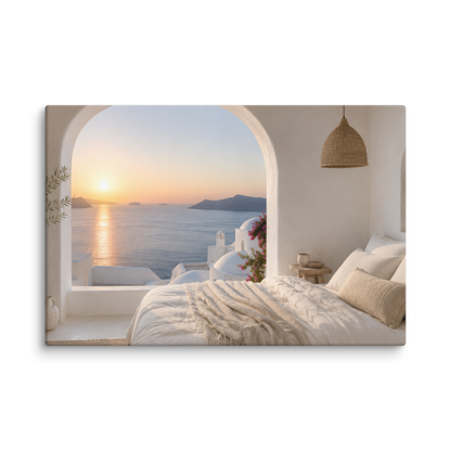Illustrated Greek-island bedroom scene with whitewashed walls and sea-blue light, 24″×36″ size.