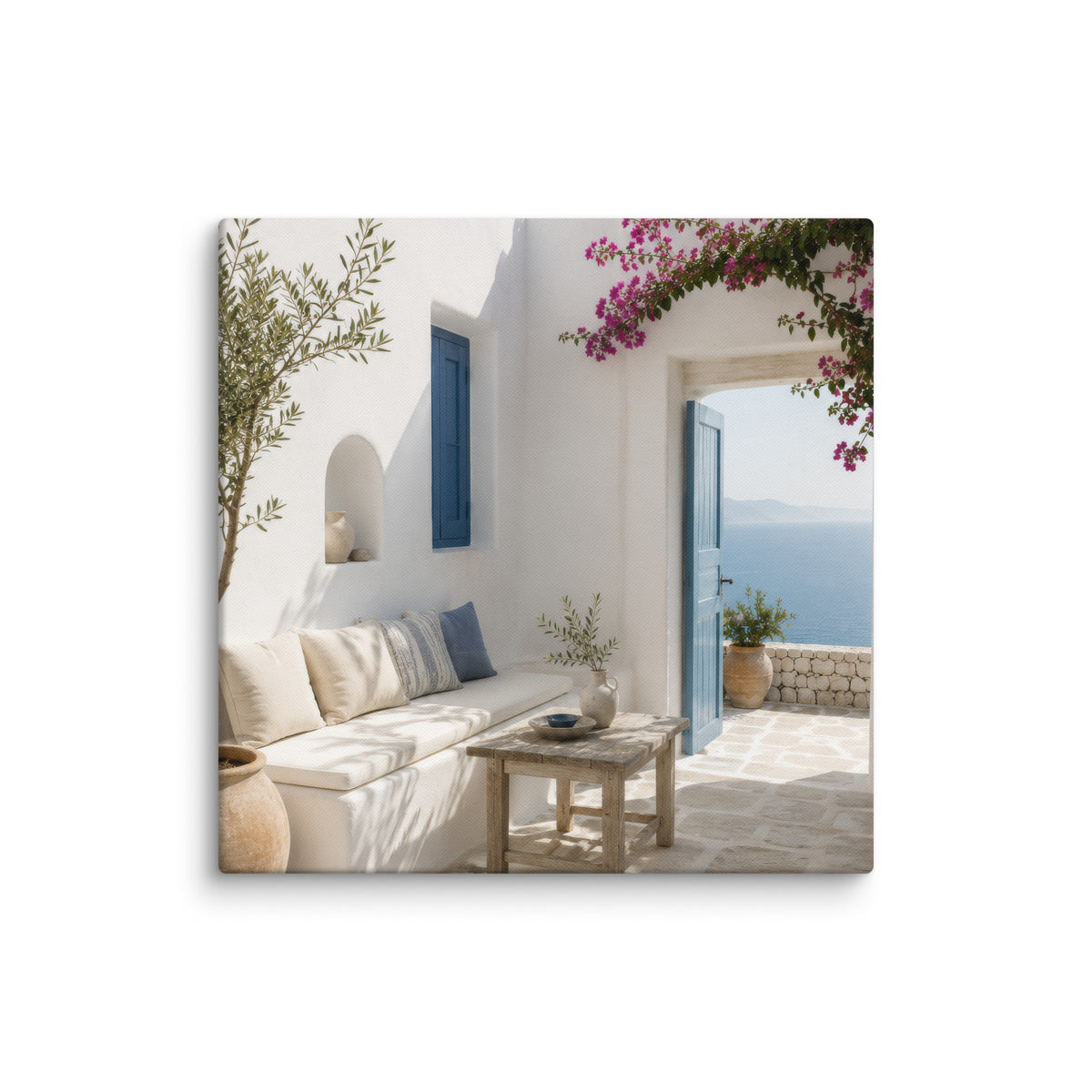 Illustrated Cycladic courtyard scene in white, blue, and stone tones, 26″×26″ size.
