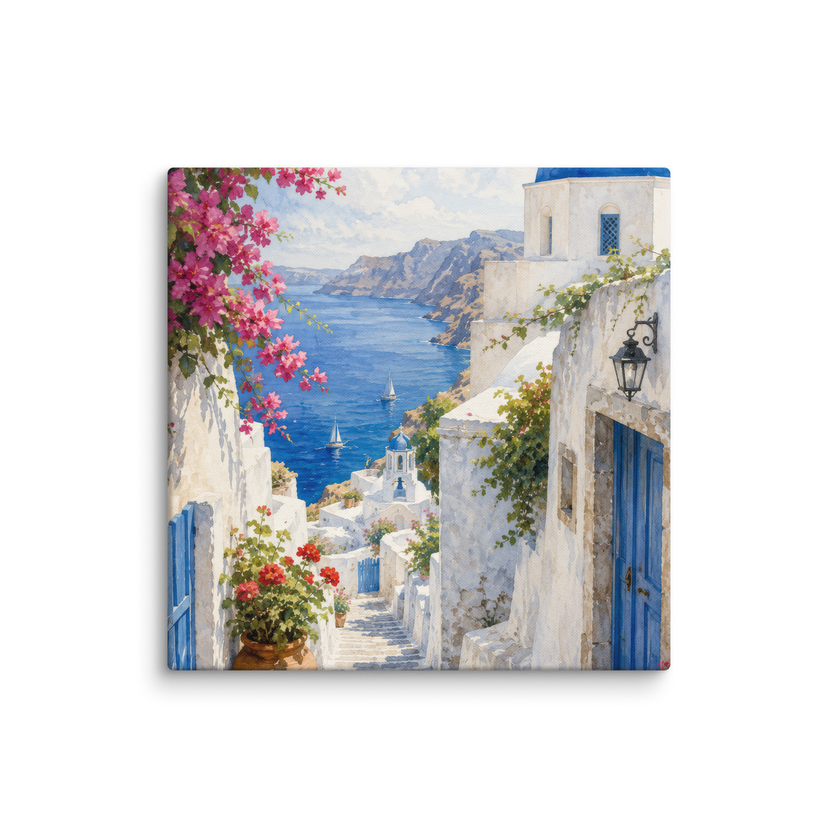 Canvas wall art featuring an illustrated Santorini courtyard scene, 26″×26″ size.