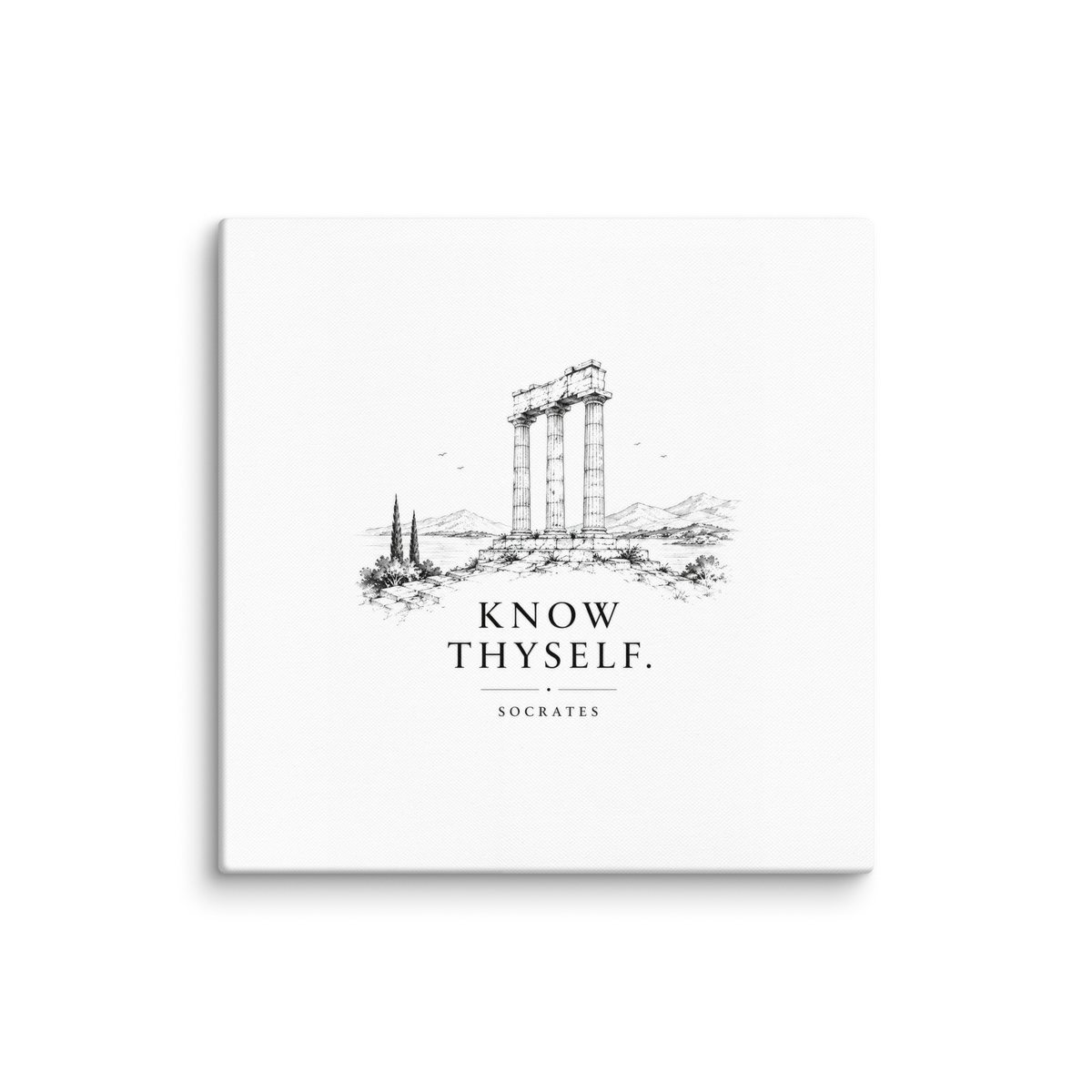 Canvas wall art featuring classical ruins and the Know Thyself maxim, 26″×26″ size.