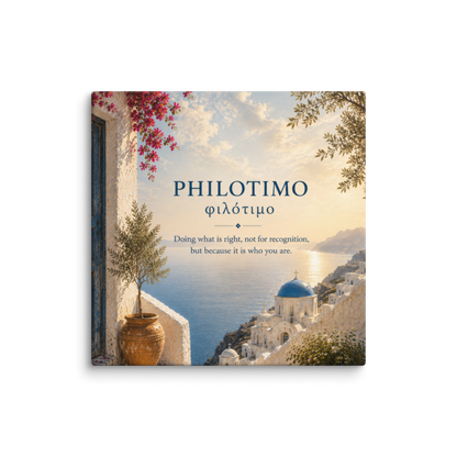 Canvas wall art featuring a minimalist design around the Greek concept of philotimo, 26″×26″ size.