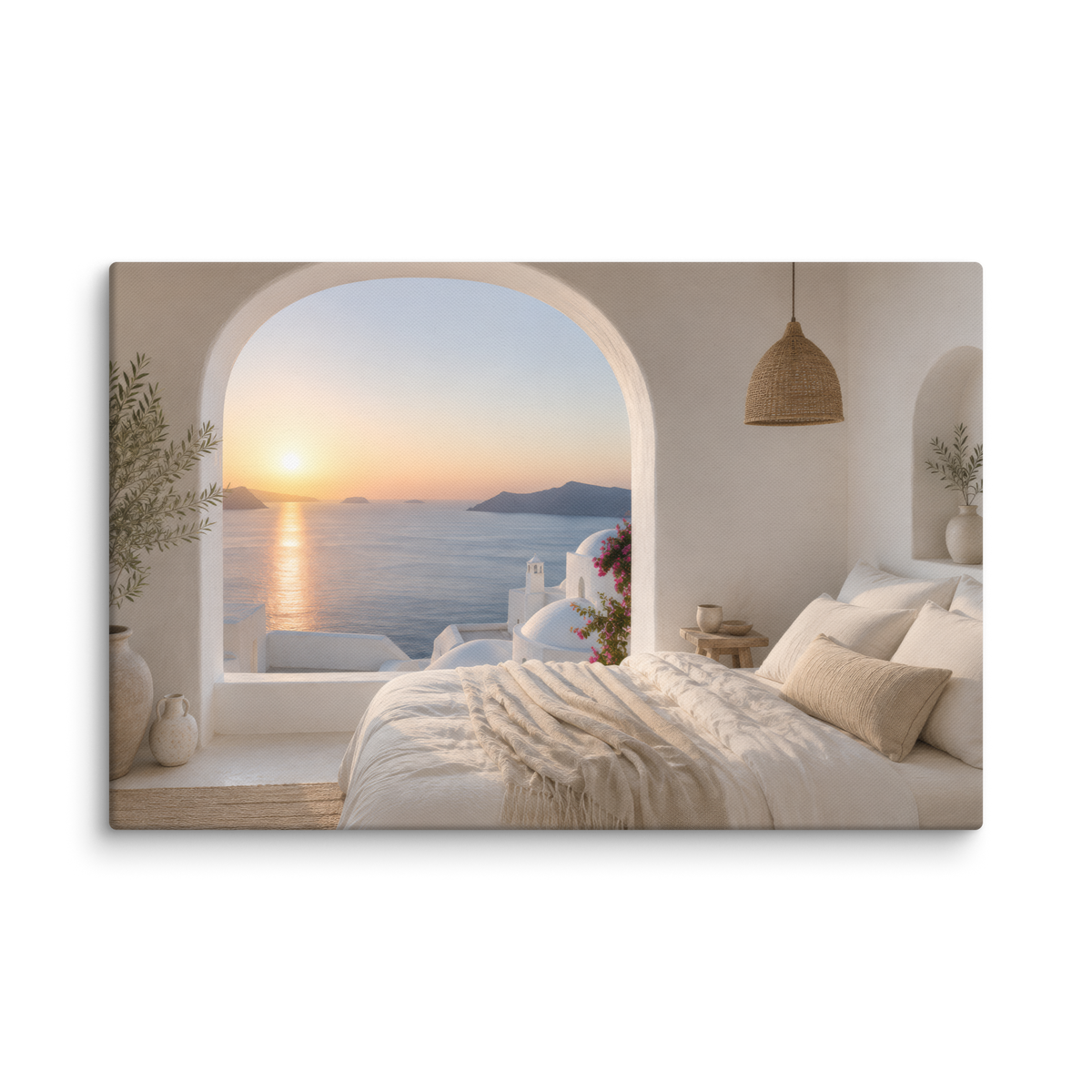 Illustrated Greek-island bedroom scene with whitewashed walls and sea-blue light, 26″×40″ size.