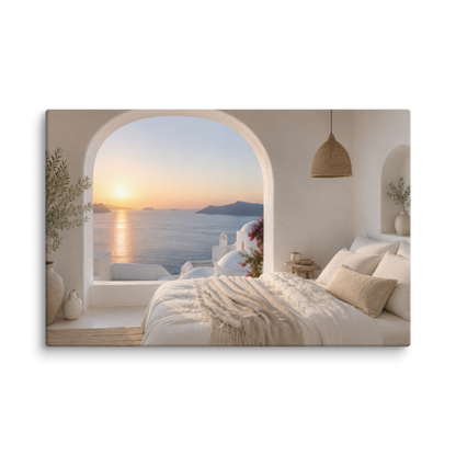 Illustrated Greek-island bedroom scene with whitewashed walls and sea-blue light, 26″×40″ size.