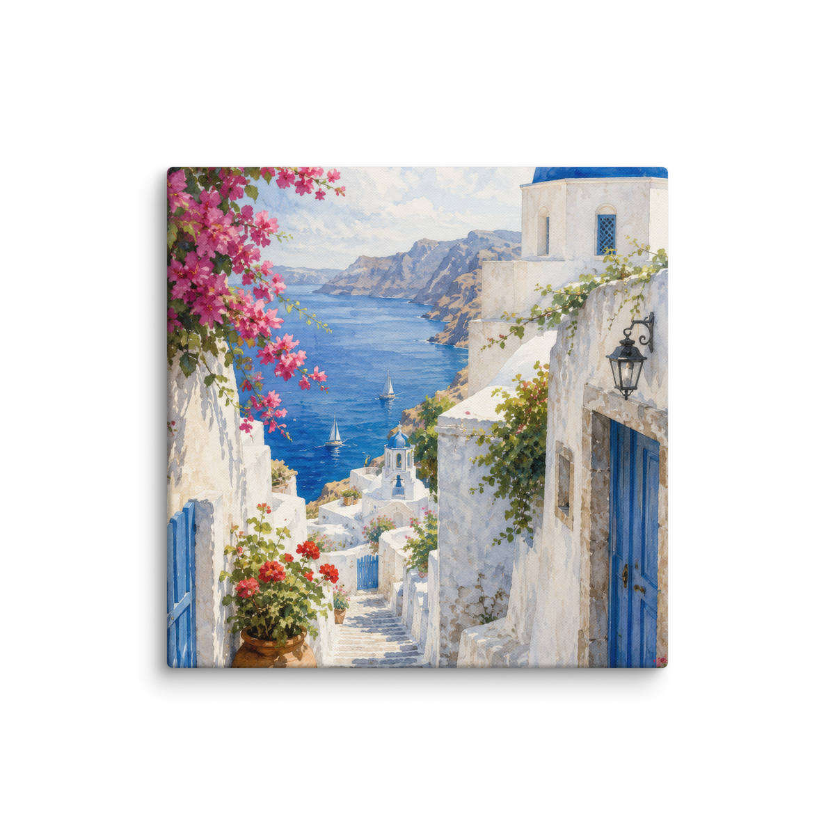 Canvas wall art featuring an illustrated Santorini courtyard scene — additional product photo.