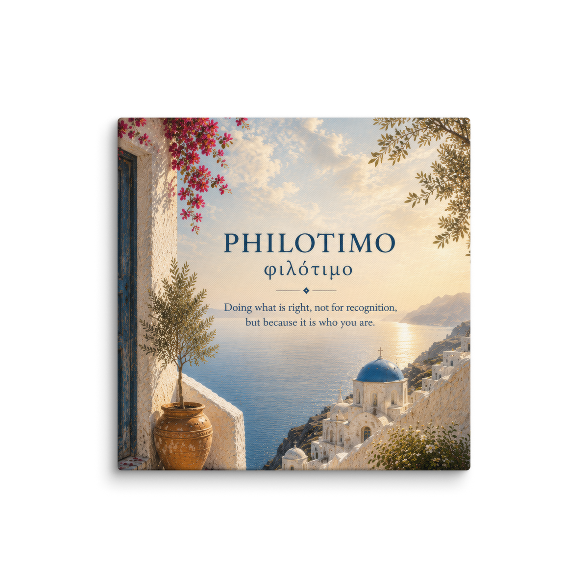 Canvas wall art featuring a minimalist design around the Greek concept of philotimo, 28″×28″ size.