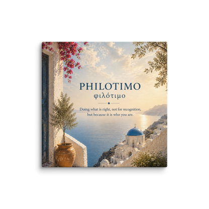 Canvas wall art featuring a minimalist design around the Greek concept of philotimo, 28″×28″ size.