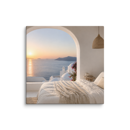 Illustrated Greek-island bedroom scene with whitewashed walls and sea-blue light, 28″×28″ size.