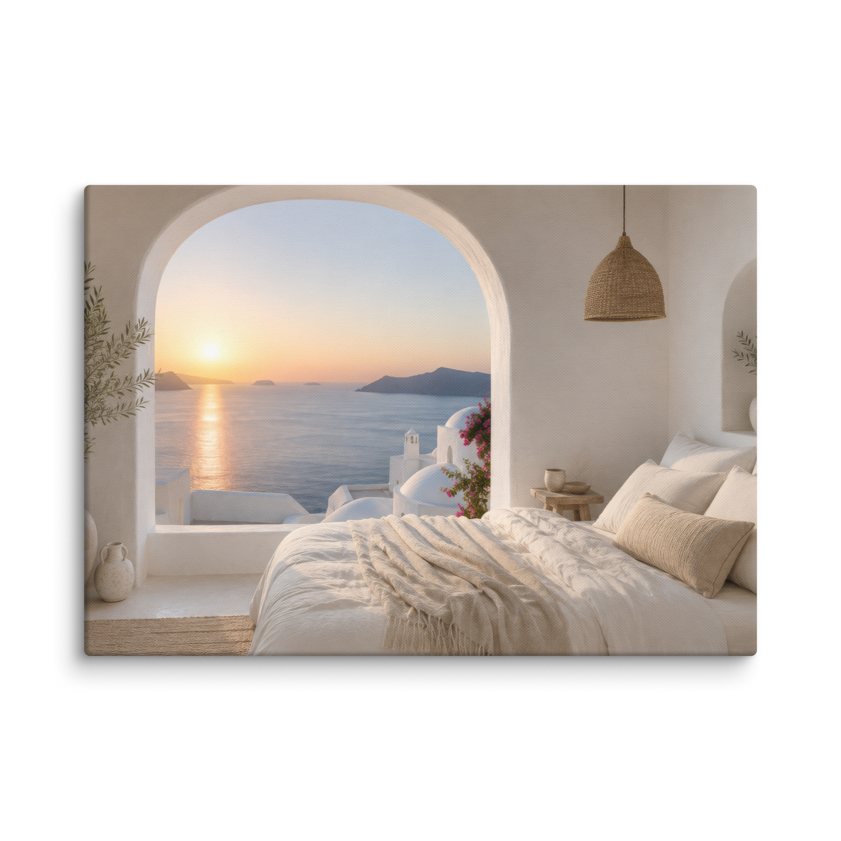 Illustrated Greek-island bedroom scene with whitewashed walls and sea-blue light, 28″×40″ size.
