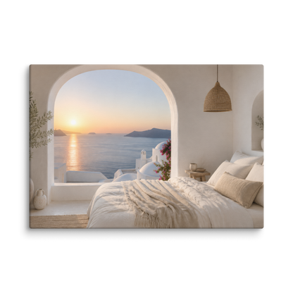 Illustrated Greek-island bedroom scene with whitewashed walls and sea-blue light, 28″×40″ size.