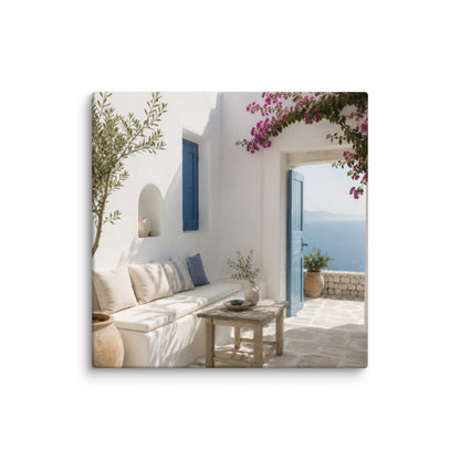Illustrated Cycladic courtyard scene in white, blue, and stone tones, 30″×30″ size.