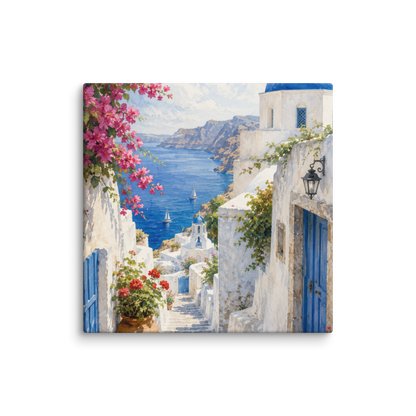 Canvas wall art featuring an illustrated Santorini courtyard scene, 30″×30″ size.