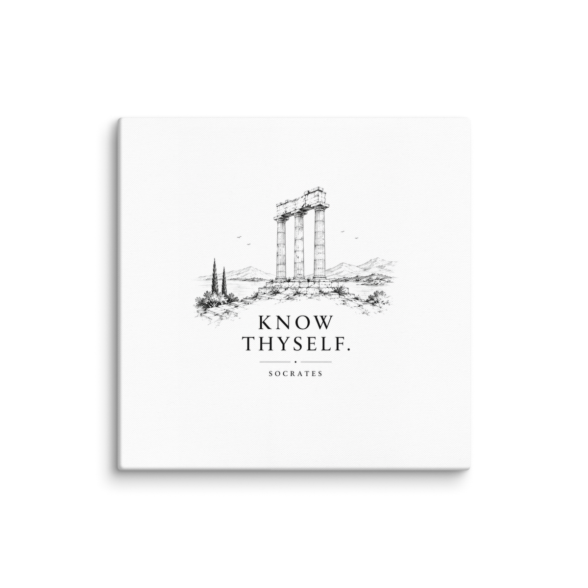 Canvas wall art featuring classical ruins and the Know Thyself maxim.