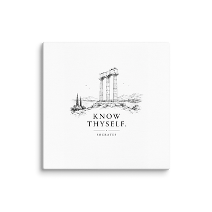 Canvas wall art featuring classical ruins and the Know Thyself maxim.