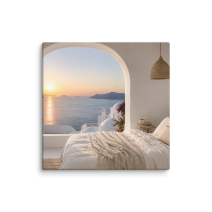 Illustrated Greek-island bedroom scene with whitewashed walls and sea-blue light, 30″×30″ size.