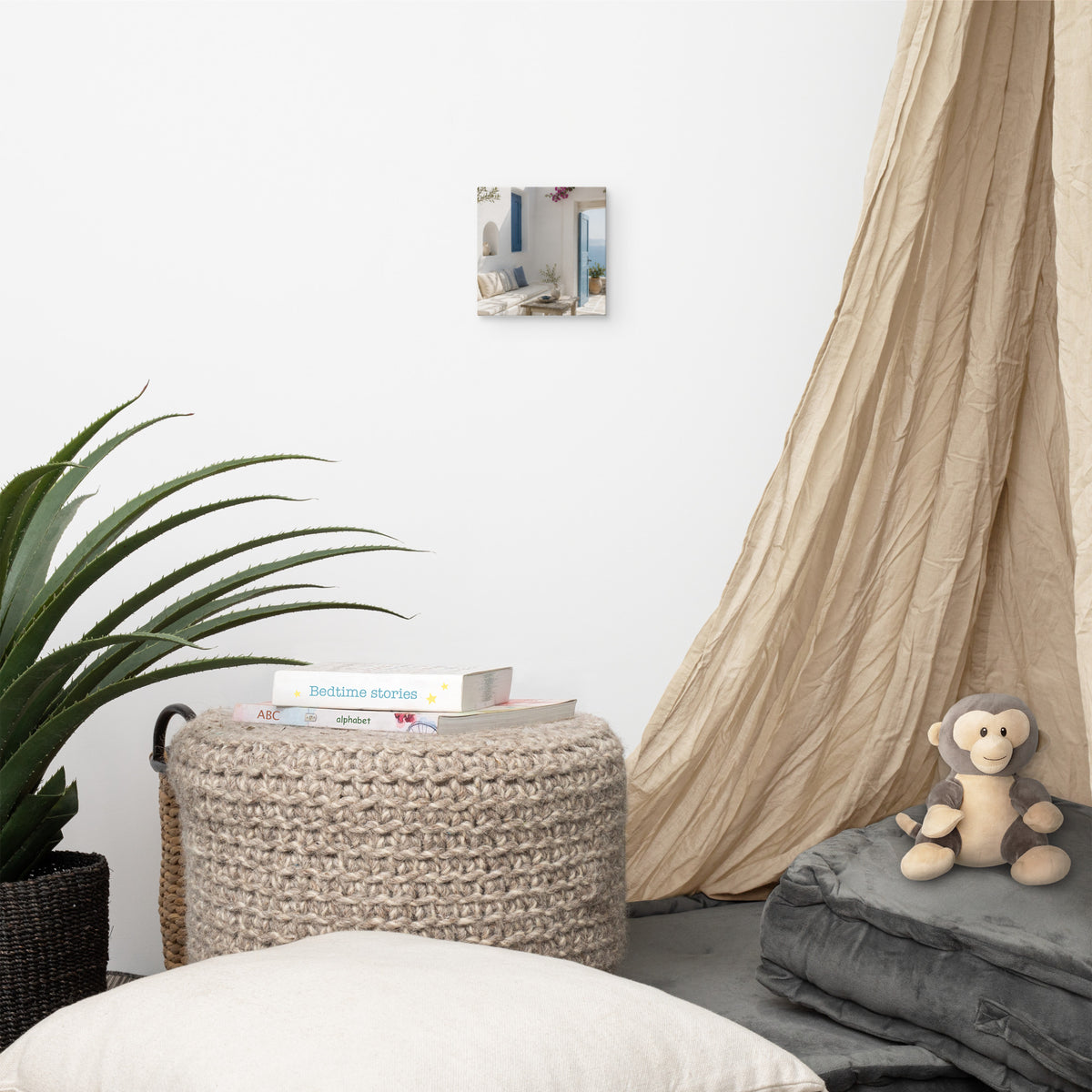 Illustrated Cycladic courtyard scene in white, blue, and stone tones — additional product photo.