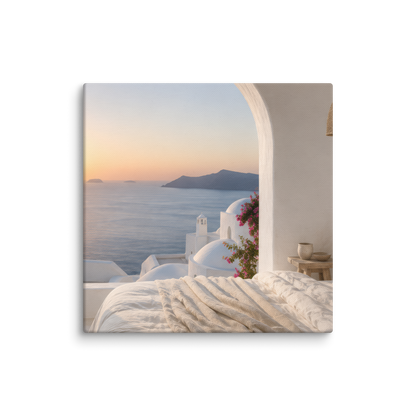 Illustrated Greek-island bedroom scene with whitewashed walls and sea-blue light — additional product photo.