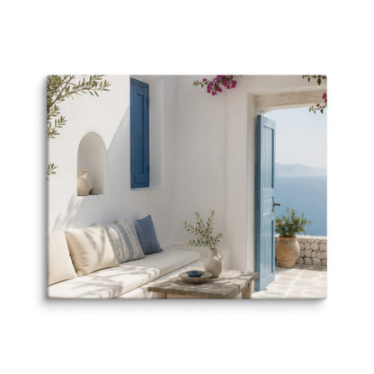 Illustrated Cycladic courtyard scene in white, blue, and stone tones, 8″×10″ size.