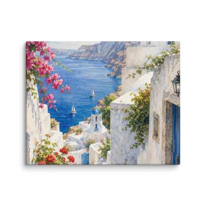 Canvas wall art featuring an illustrated Santorini courtyard scene, 8″×10″ size.
