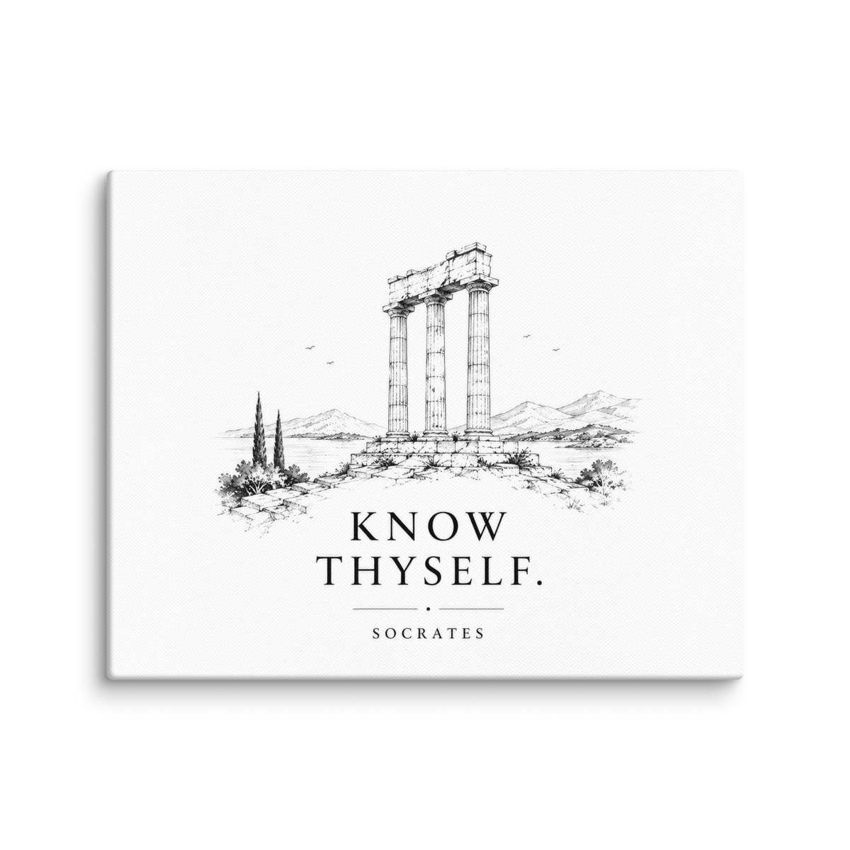 Canvas wall art featuring classical ruins and the Know Thyself maxim, 8″×10″ size.