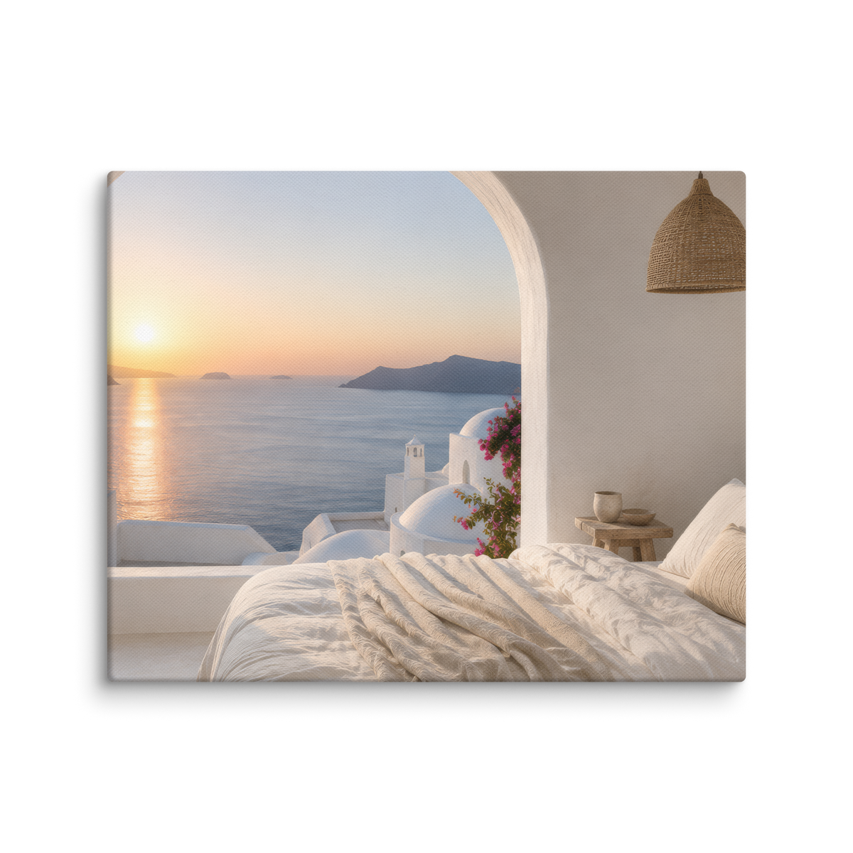 Illustrated Greek-island bedroom scene with whitewashed walls and sea-blue light, 8″×10″ size.