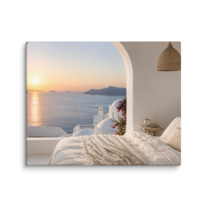 Illustrated Greek-island bedroom scene with whitewashed walls and sea-blue light, 8″×10″ size.