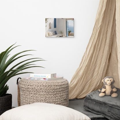 Illustrated Cycladic courtyard scene in white, blue, and stone tones — additional product photo.