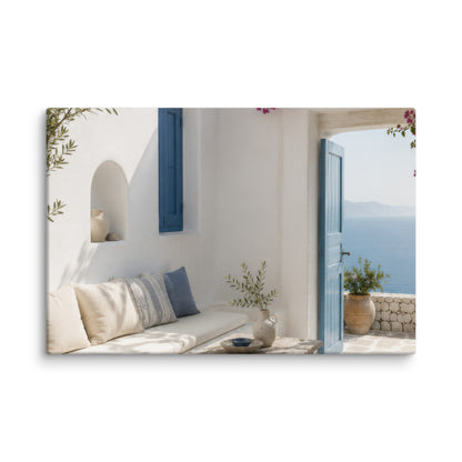 Illustrated Cycladic courtyard scene in white, blue, and stone tones, 8″×12″ size.