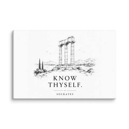 Canvas wall art featuring classical ruins and the Know Thyself maxim, 8″×12″ size.