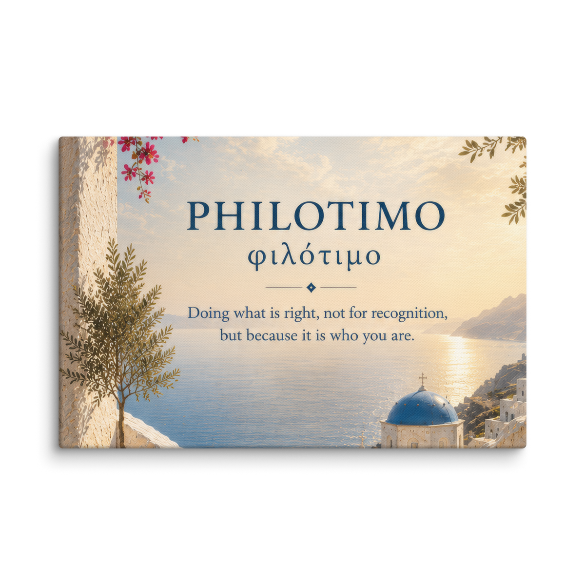 Canvas wall art featuring a minimalist design around the Greek concept of philotimo, 8″×12″ size.