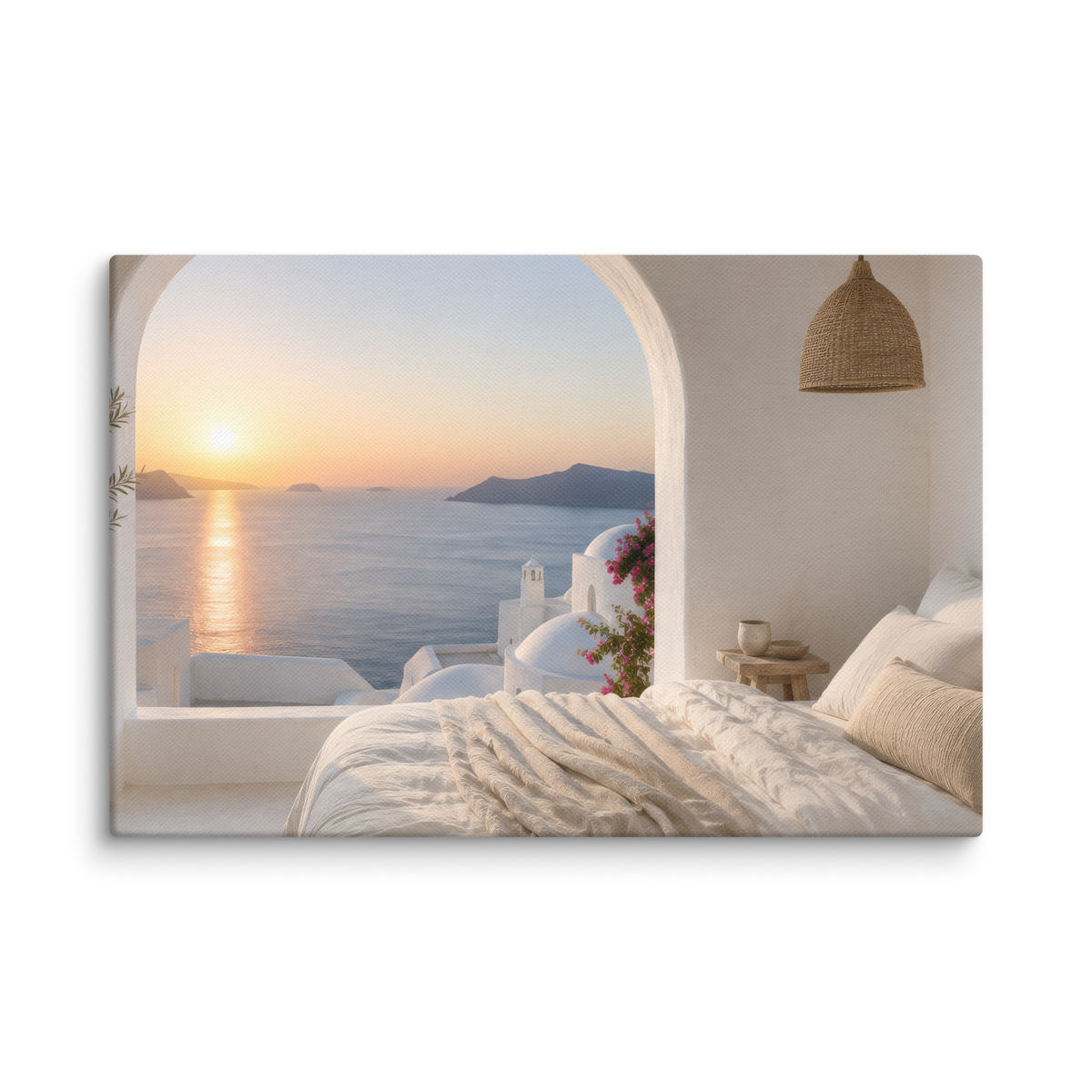 Illustrated Greek-island bedroom scene with whitewashed walls and sea-blue light, 8″×12″ size.