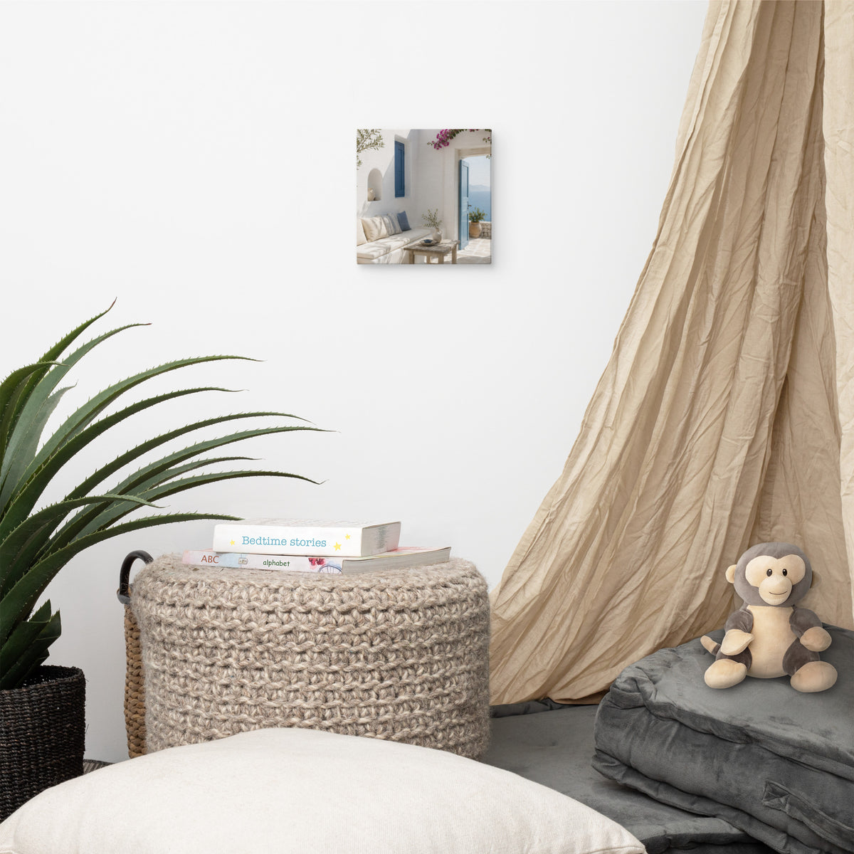 Illustrated Cycladic courtyard scene in white, blue, and stone tones — additional product photo.