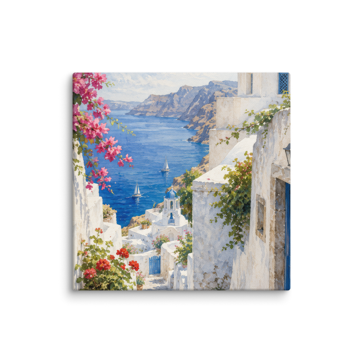 Canvas wall art featuring an illustrated Santorini courtyard scene, 8″×8″ size.