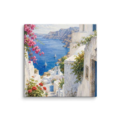 Canvas wall art featuring an illustrated Santorini courtyard scene, 8″×8″ size.