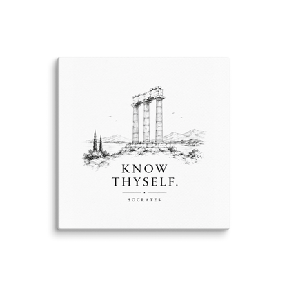 Canvas wall art featuring classical ruins and the Know Thyself maxim, 8″×8″ size.