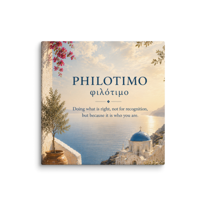 Canvas wall art featuring a minimalist design around the Greek concept of philotimo, 8″×8″ size.