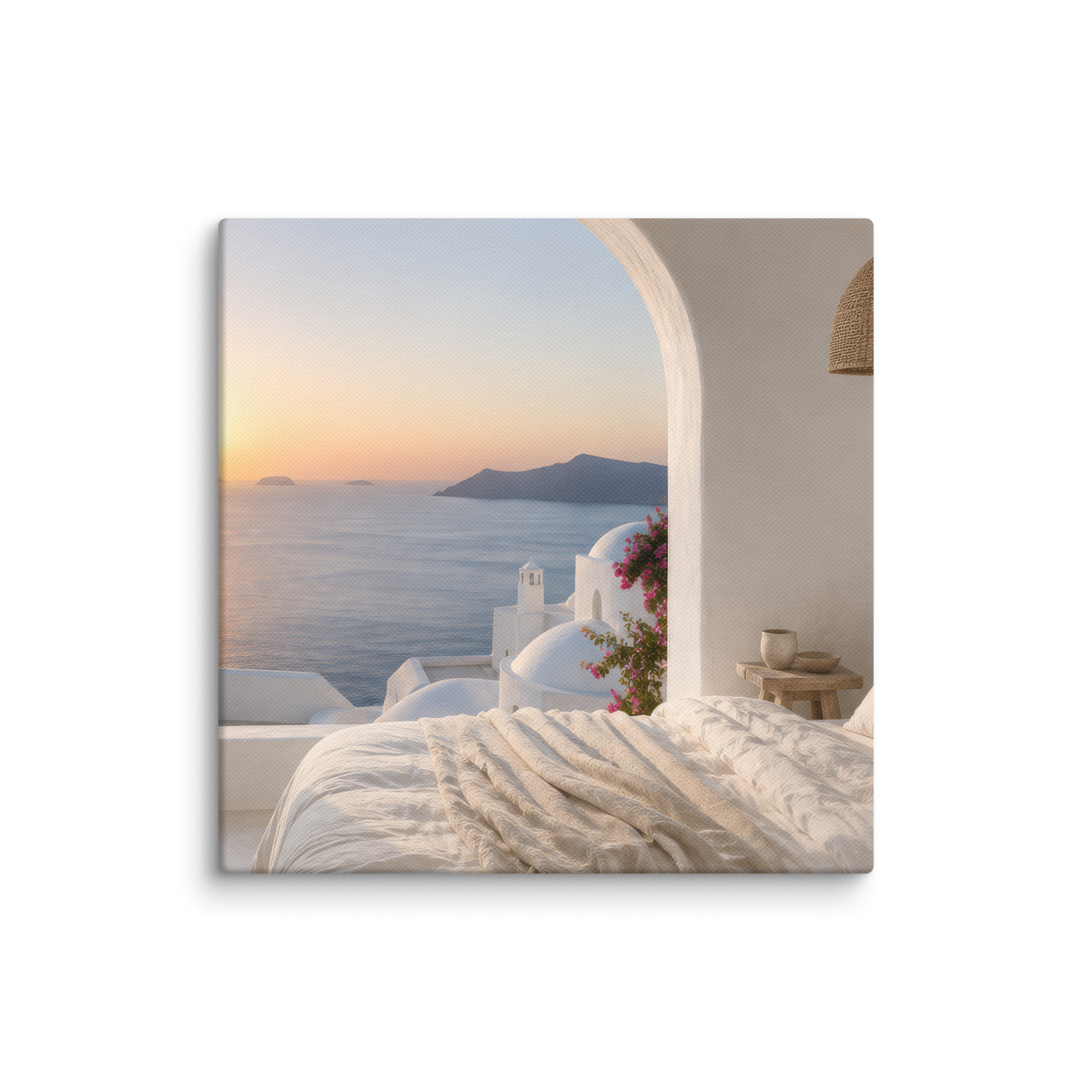 Illustrated Greek-island bedroom scene with whitewashed walls and sea-blue light, 8″×8″ size.
