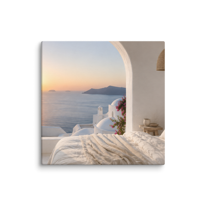Illustrated Greek-island bedroom scene with whitewashed walls and sea-blue light, 8″×8″ size.