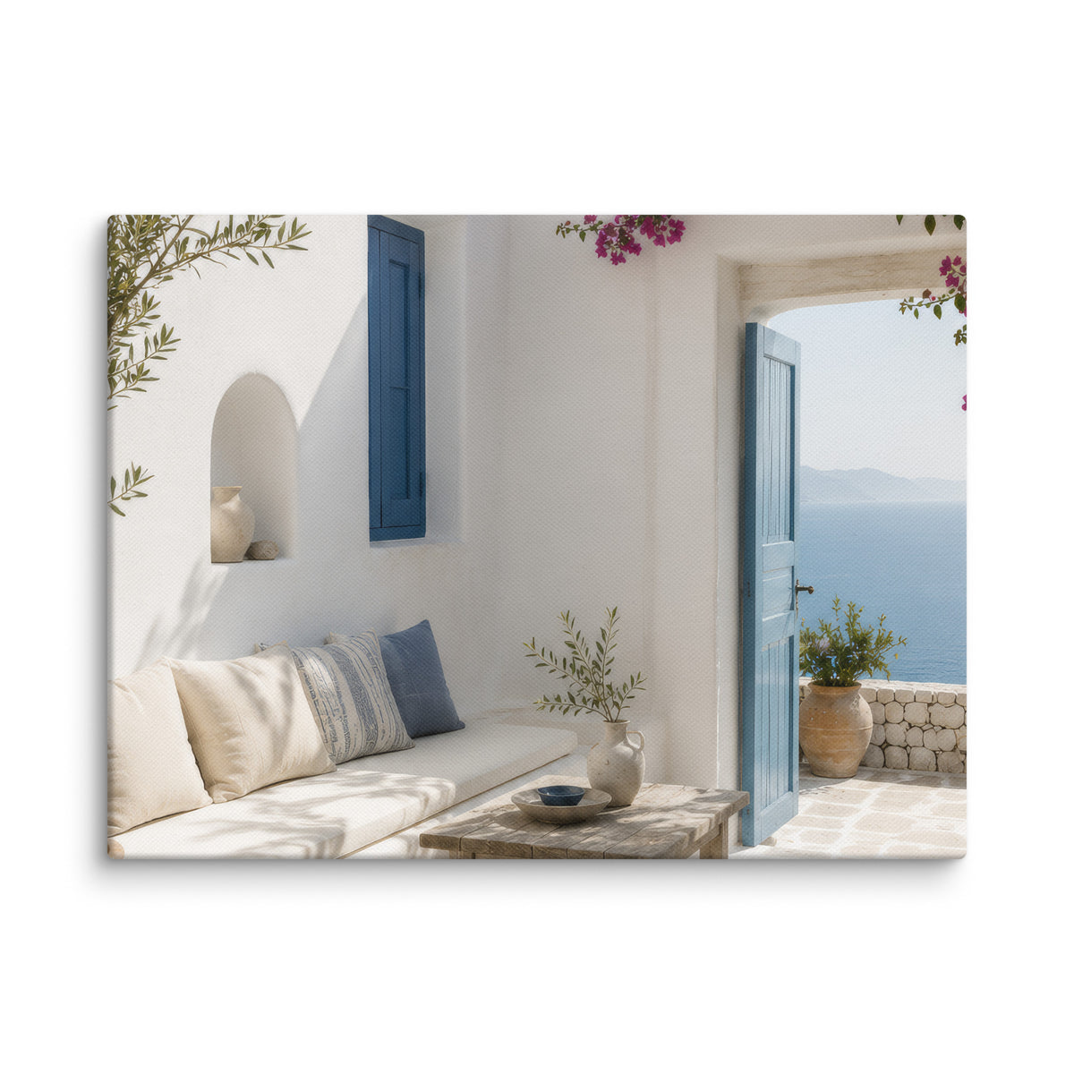 Illustrated Cycladic courtyard scene in white, blue, and stone tones, 9″×12″ size.