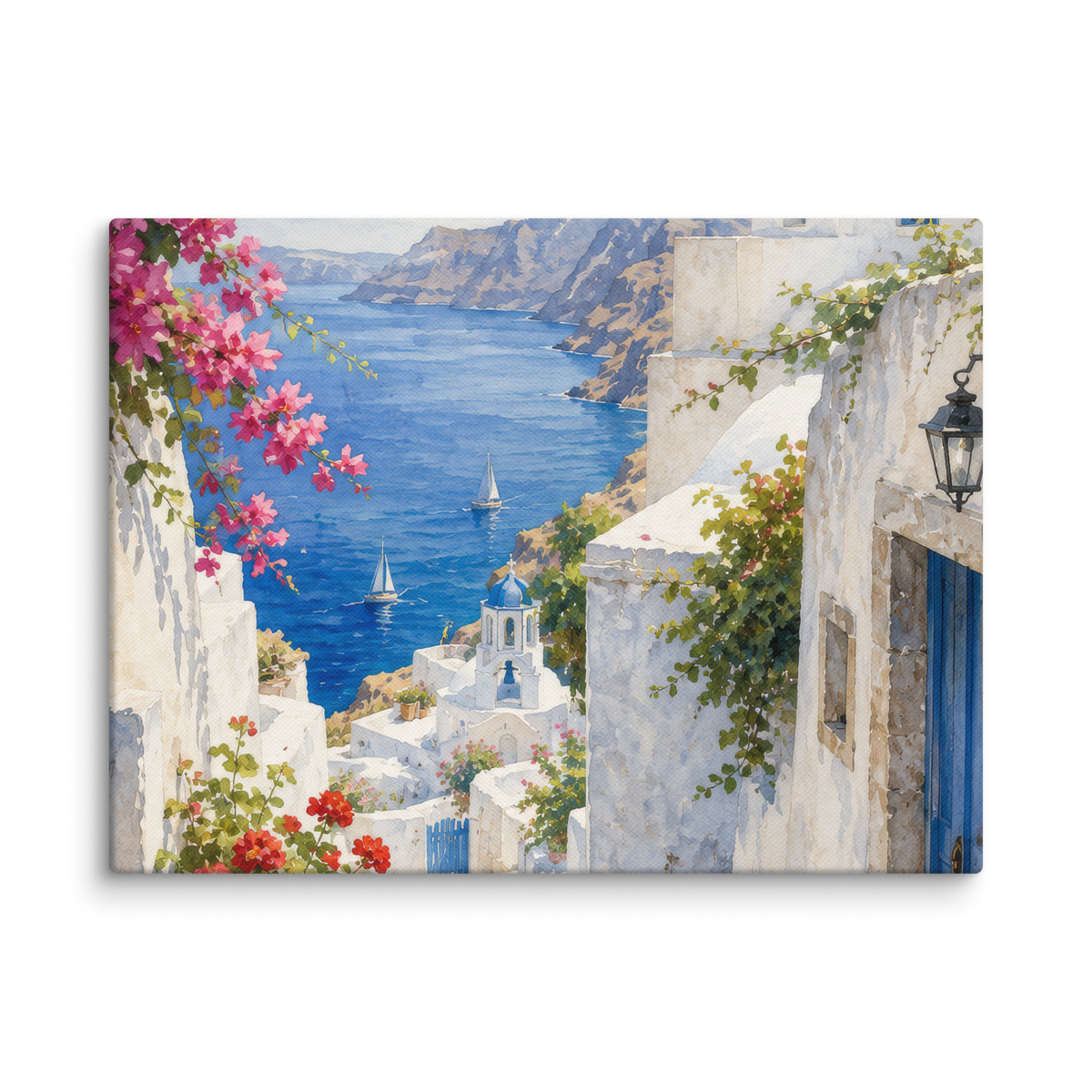 Canvas wall art featuring an illustrated Santorini courtyard scene, 9″×12″ size.