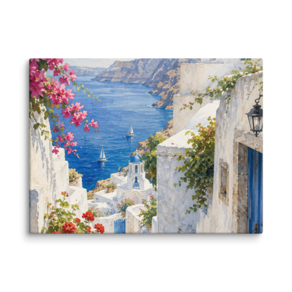 Canvas wall art featuring an illustrated Santorini courtyard scene, 9″×12″ size.