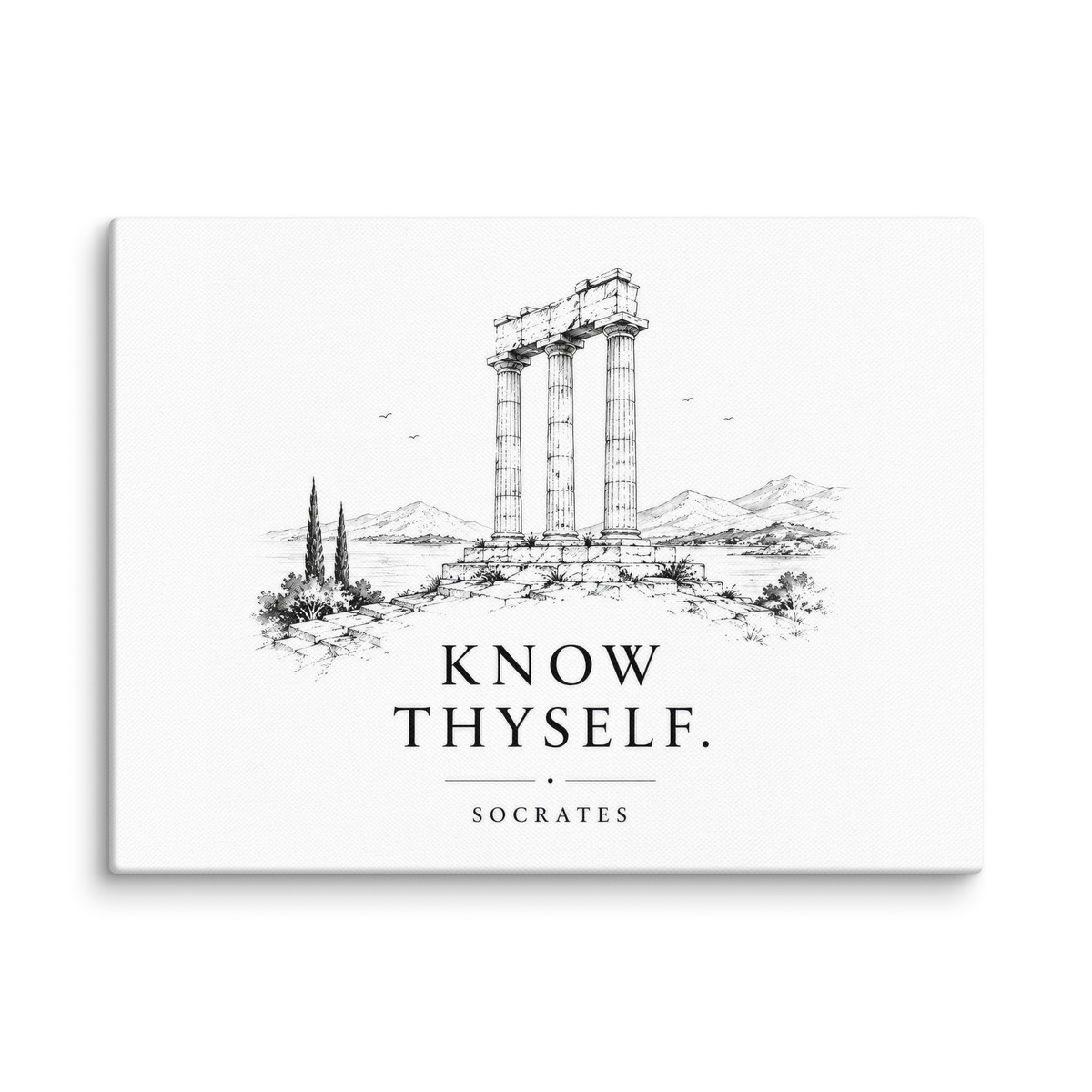 Canvas wall art featuring classical ruins and the Know Thyself maxim, 9″×12″ size.