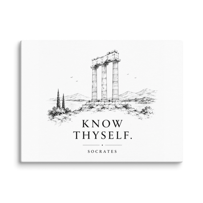 Canvas wall art featuring classical ruins and the Know Thyself maxim, 9″×12″ size.