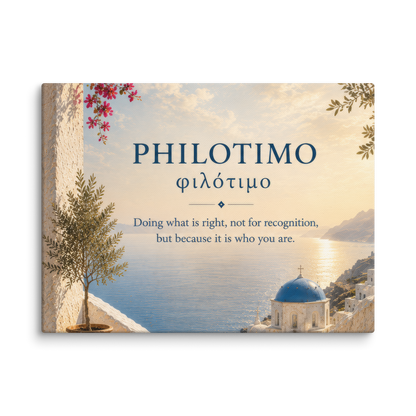 Canvas wall art featuring a minimalist design around the Greek concept of philotimo, 9″×12″ size.