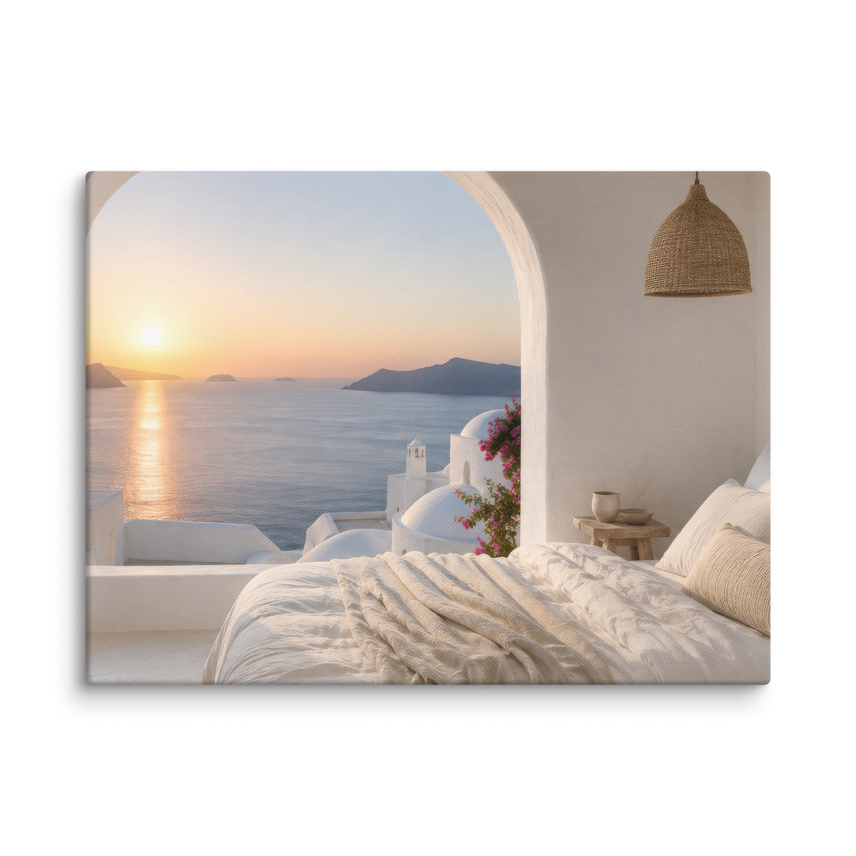 Illustrated Greek-island bedroom scene with whitewashed walls and sea-blue light, 9″×12″ size.