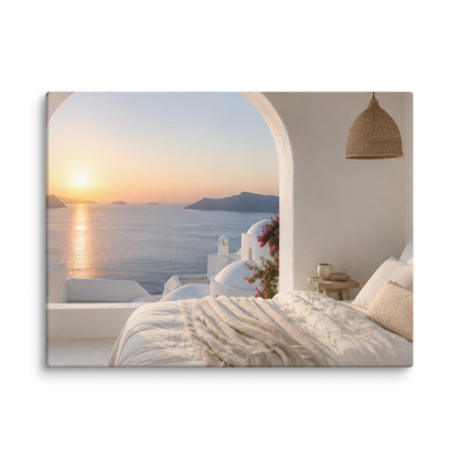Illustrated Greek-island bedroom scene with whitewashed walls and sea-blue light, 9″×12″ size.
