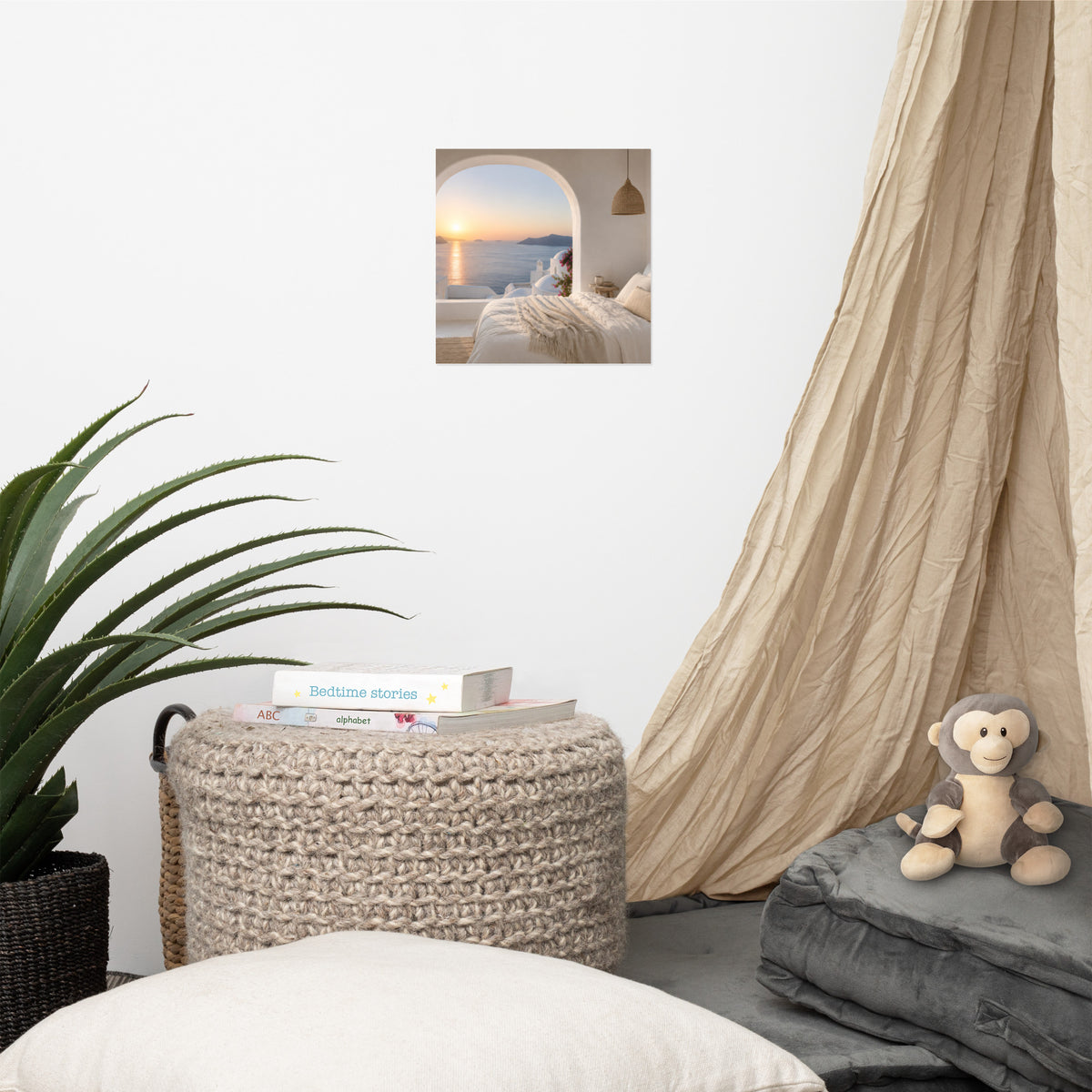 Illustrated Greek-island bedroom scene with whitewashed walls and sea-blue light, 10″×10″ size.