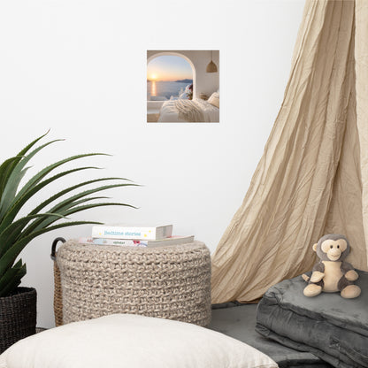 Illustrated Greek-island bedroom scene with whitewashed walls and sea-blue light, 10″×10″ size.