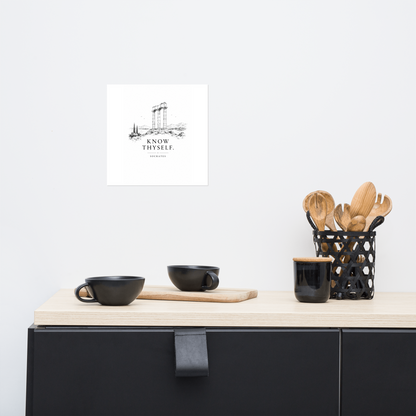 Poster featuring classical ruins and the Greek maxim “Know Thyself” in centered typography, 10″×10″ size.